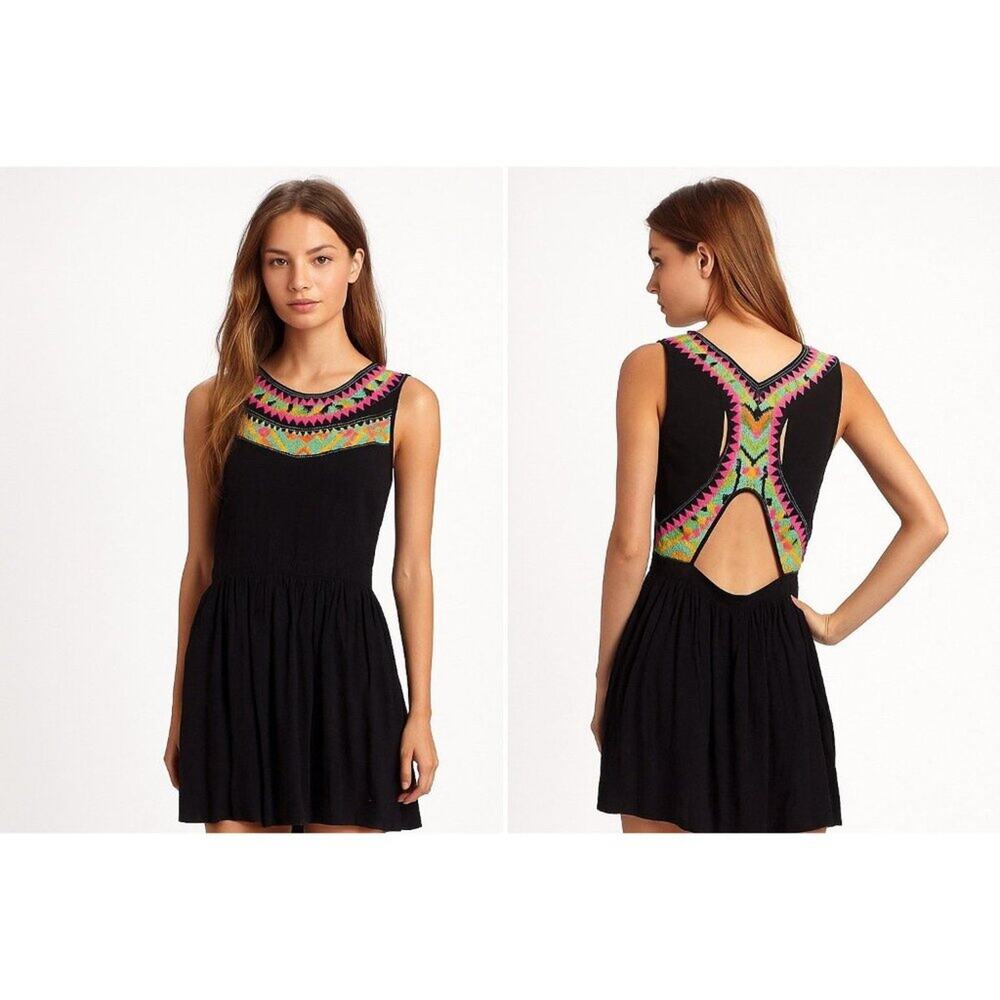 Mara Hoffman Black Sleeveless Dress with Neon Tribal Embroidered Detail & Back